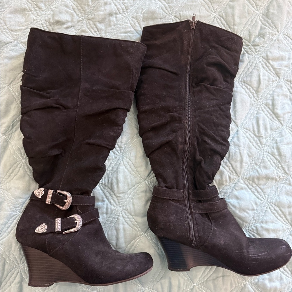 Kohl's Black Heeled Boots with Buckle Detail